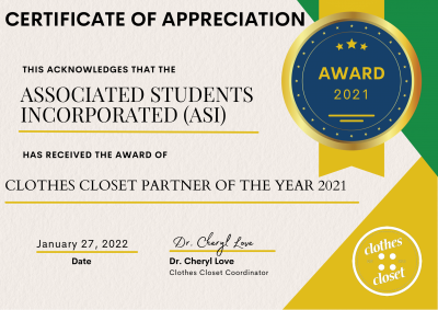 ASI Awarded Clothes Closet Partner of the Year 2021
