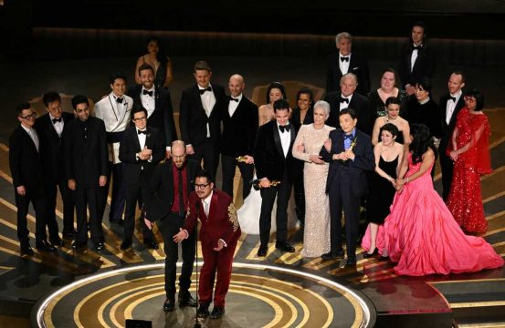Daniel Scheinert (L) and US director Daniel Kwan (R) speak after winning the Oscar for Best Picture for "Everything Everywhere All at Once" onstage during the 95th Annual Academy Awards