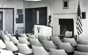 Conference room being prepared for a speech