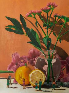 Acrylic painting of flowers in a vase against orange background