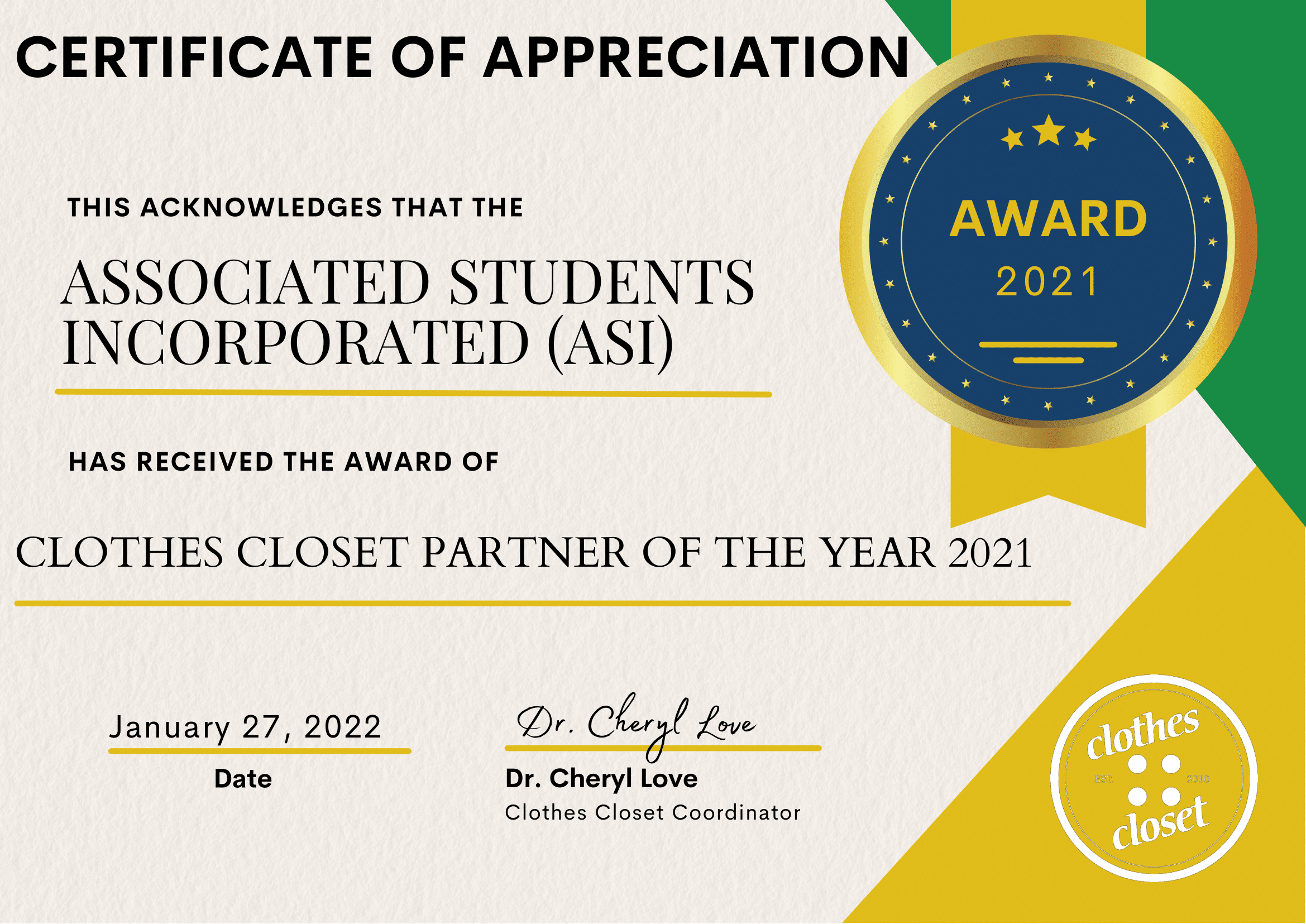 Certificate of Appreciation Presented to ASI: Clothes Closet Partner of the Year 2021