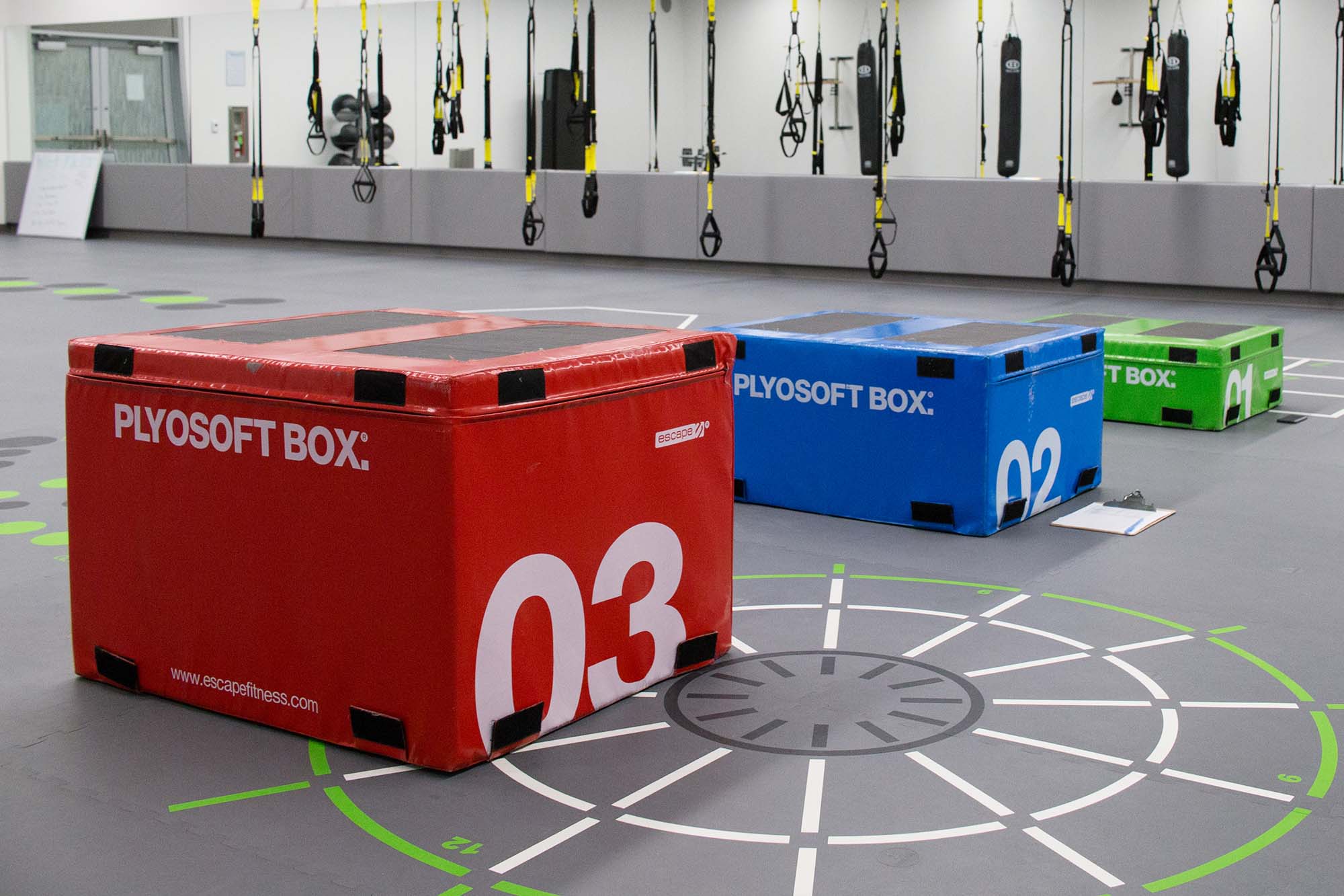 3 plyosoft boxes in a fitness studio