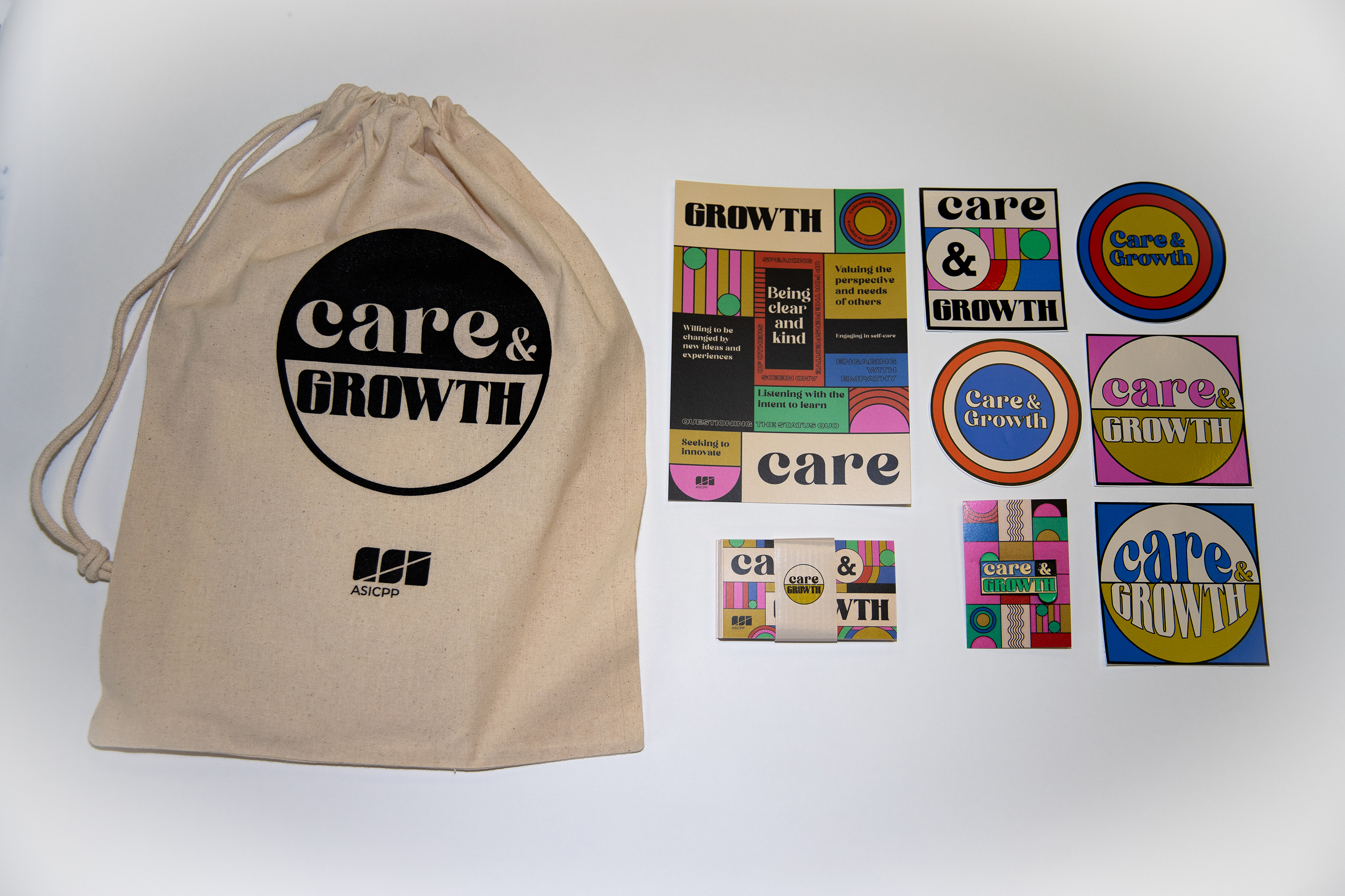 Care and Growth promotional items including a bag, cards, and stickers