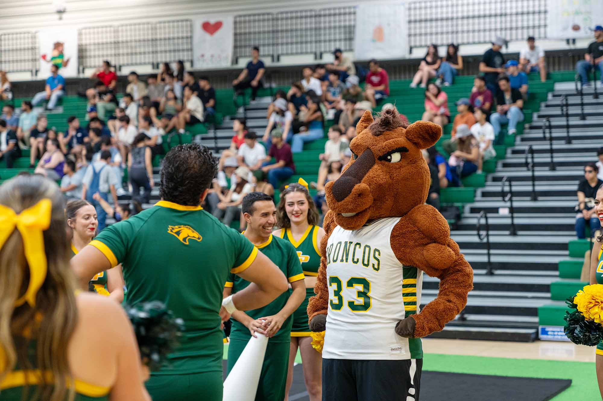 Horse mascot and cheer leaders at a gym