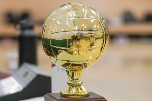 a gold basketball trophy