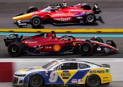 Comparison of IndyCar car (top), F1 car (middle), and NASCAR car (bottom) 