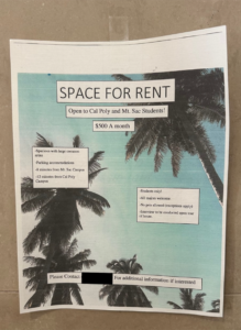 (Alt text: “Space For Rent” flyer on campus) 