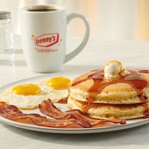 Denny’s pancake meal with eggs and bacon